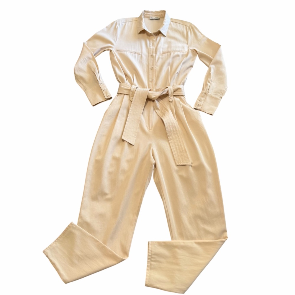 ZARA TRF Collection Tencel Utility Jumpsuit – Size S – Beige Belted One-Piece